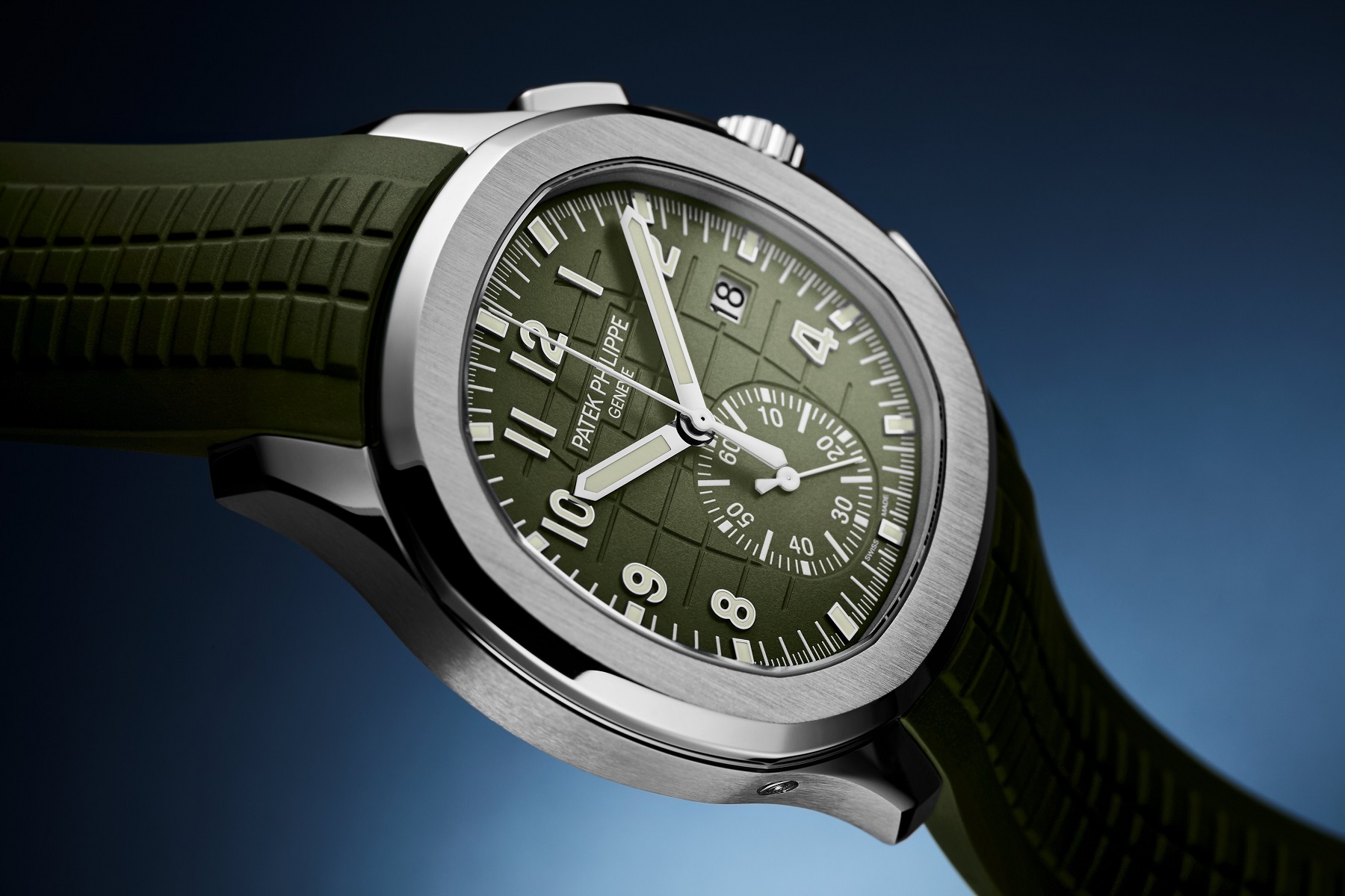 Patek Philippe Drops Two White Gold Aquanaut Chronographs In Navy Blue and Army Green